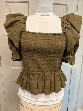 Marie Oliver Smocked Olive Juniper Green Peplum Puff-Sleeve Top Lala XS EUC